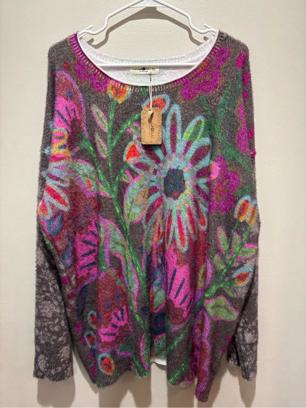 Natural Life Flower Power Cashmere Like Sweater Boho Botanical Whimsy Cozy NWT
